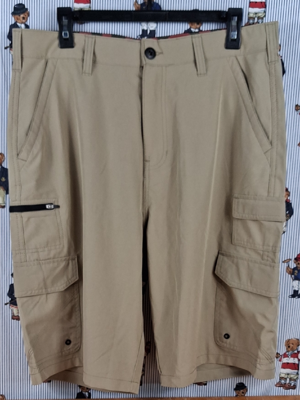 Iron Co Performance Stretch Tech Flat Front 8 Pocket Hybrid Cargo Khaki Shorts